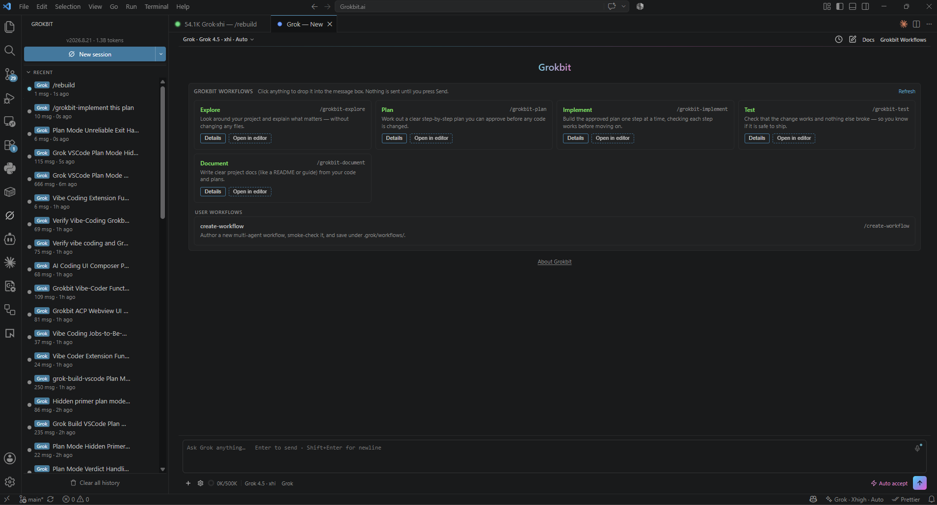 New Grokbit session with Grokbit Actions and Session setup on a full-width canvas