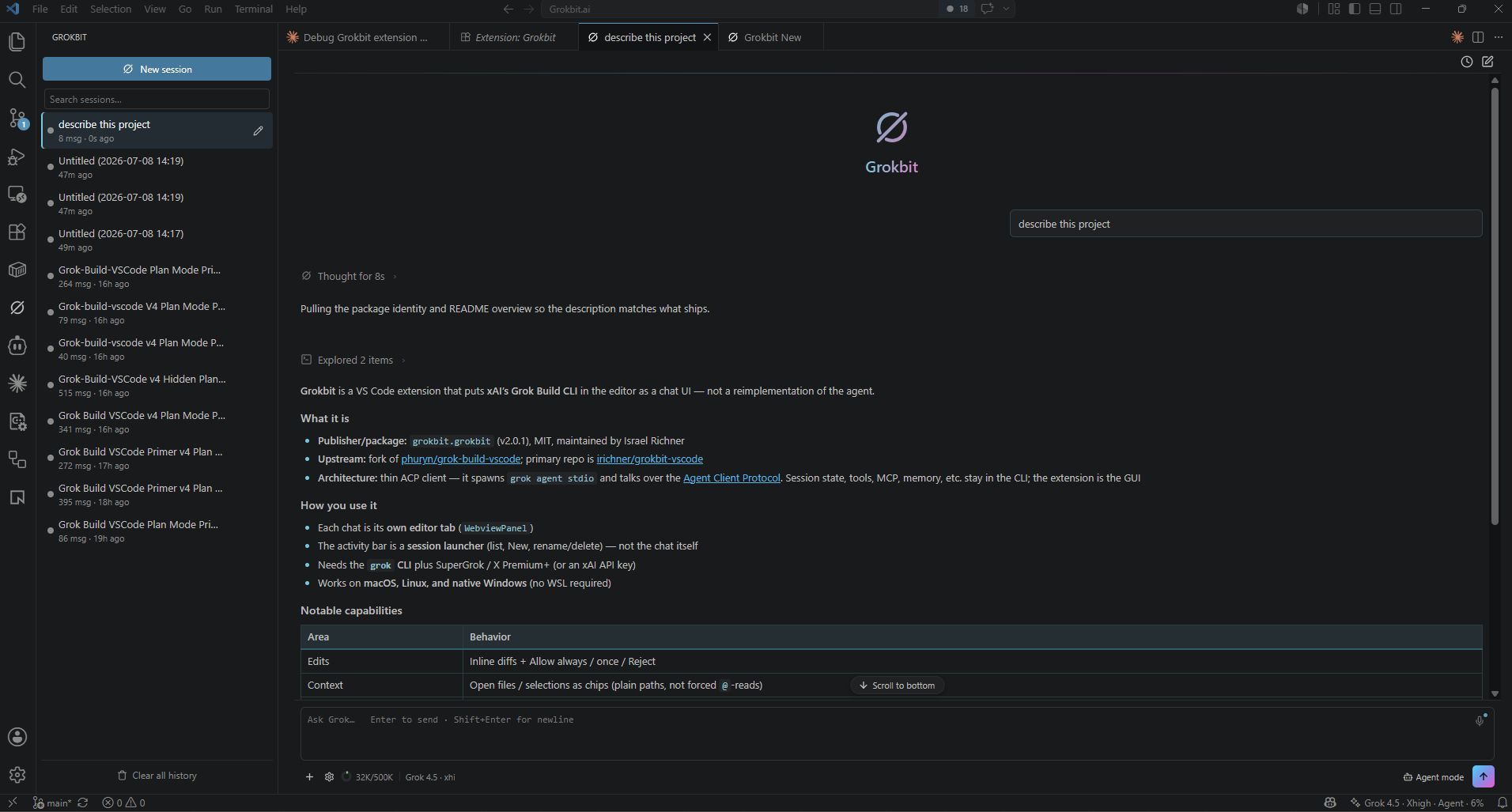 A prompt and its rendered Markdown response in a Grokbit editor tab