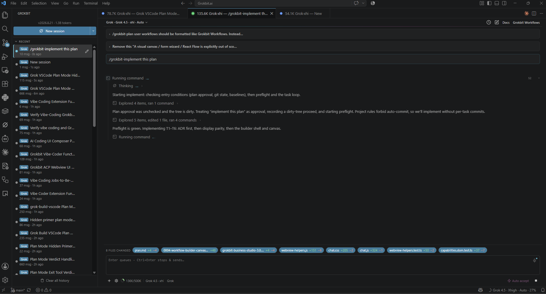 Session history popover to resume, rename, delete, or search sessions